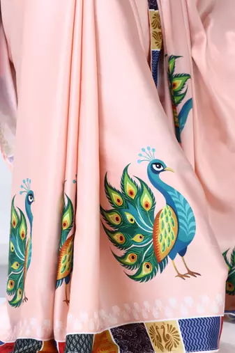 peach satin saree with floral printed design work