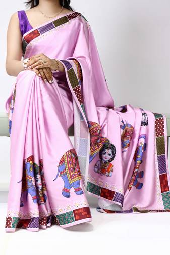 pink satin saree with floral printed design work