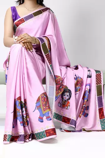 Pink color all over printed as image design work japan satin saree with unstitched blouse