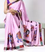 Pink color all over printed as image design work japan satin saree with unstitched blouse