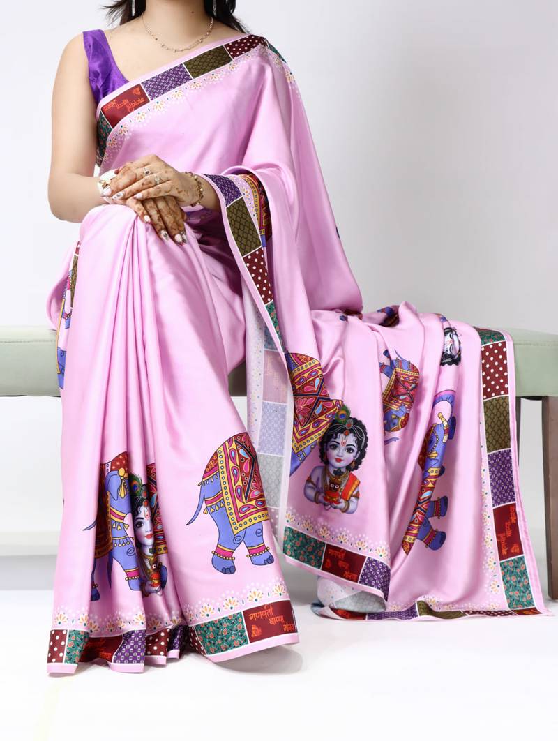 Pink color all over printed as image design work japan satin saree with unstitched blouse