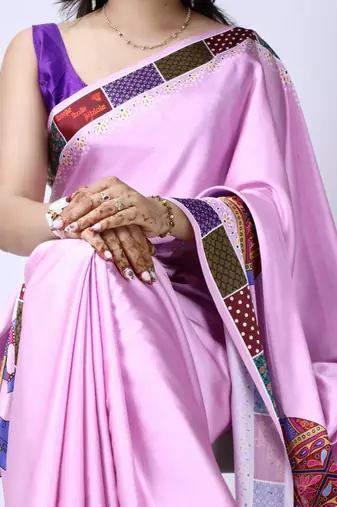 pink satin saree with floral printed design work