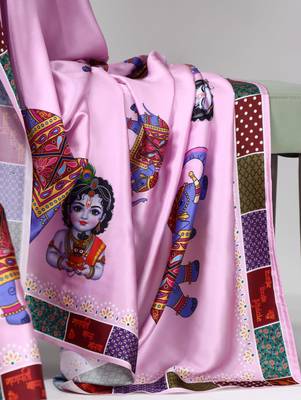 pink satin saree with floral printed design work 3