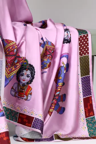 pink satin saree with floral printed design work