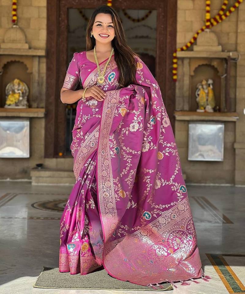 Magenta Color  zari weaving Work  silk saree