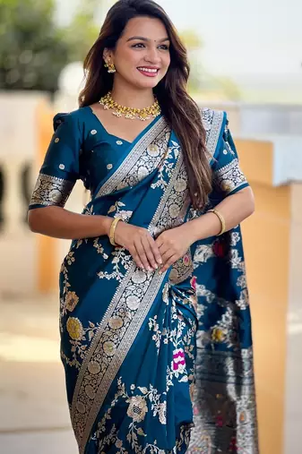Peacock Blue Color  zari weaving Work  silk saree