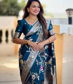 Peacock Blue Zari Weaving Work Art Silk Saree