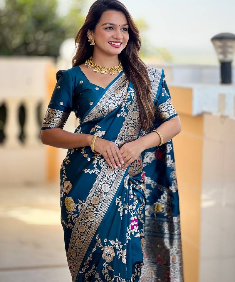 Peacock Blue Color  zari weaving Work  silk saree
