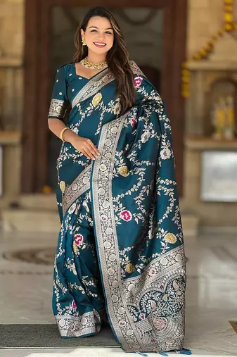 Peacock Blue Color  zari weaving Work  art silk saree