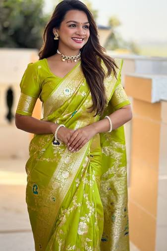 Parrot Green Color  zari weaving Work  silk saree