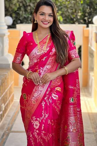 Pink Color  zari weaving Work  silk saree