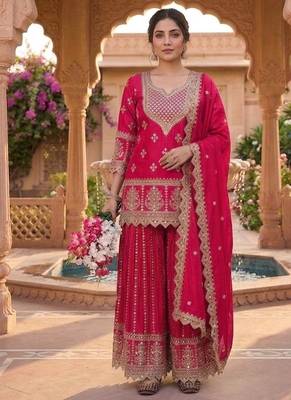 Red embroidery chinnon silk blend fully stitched sarara palazzo suit set 1