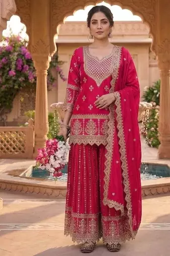 Red embroidery chinnon silk fully stitched sarara palazzo suit set