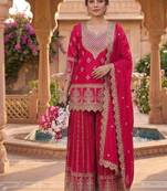 Red embroidery chinnon silk fully stitched sarara palazzo suit set