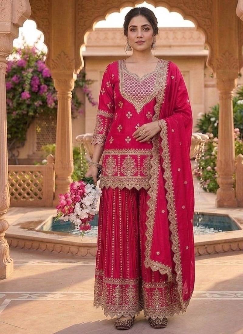 Red embroidery chinnon silk fully stitched sarara palazzo suit set