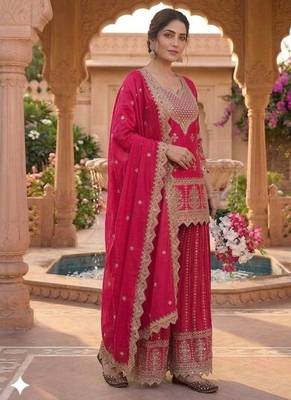 Red embroidery chinnon silk blend fully stitched sarara palazzo suit set 4