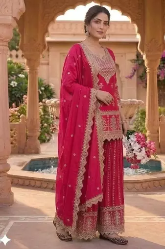 Red embroidery chinnon silk blend fully stitched sarara palazzo suit set