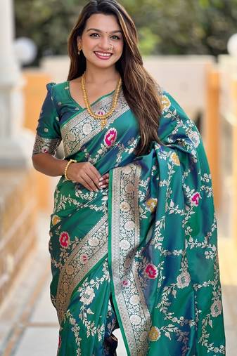 Teal Color  zari weaving Work  silk saree