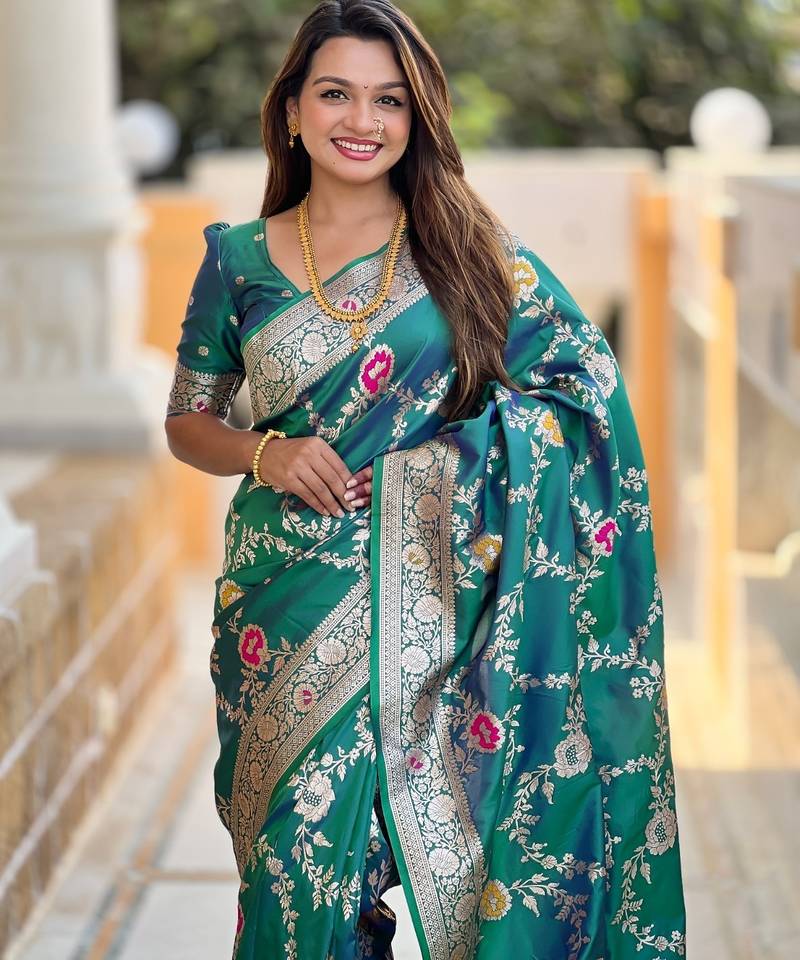 Teal Color  zari weaving Work  silk saree