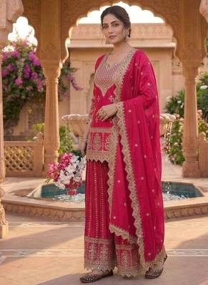 Red embroidery chinnon silk blend fully stitched sarara palazzo suit set 5