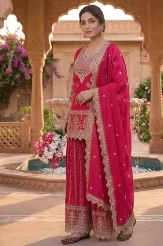 Red embroidery chinnon silk blend fully stitched sarara palazzo suit set