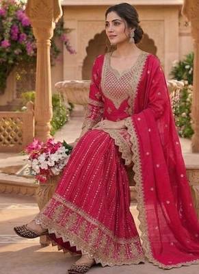 Red embroidery chinnon silk blend fully stitched sarara palazzo suit set 6