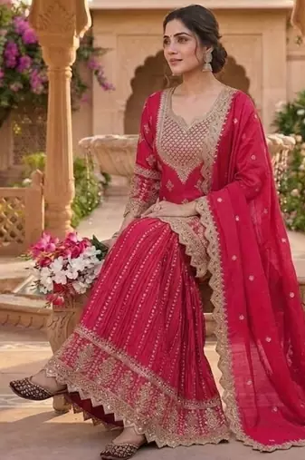 Red embroidery chinnon silk blend fully stitched sarara palazzo suit set