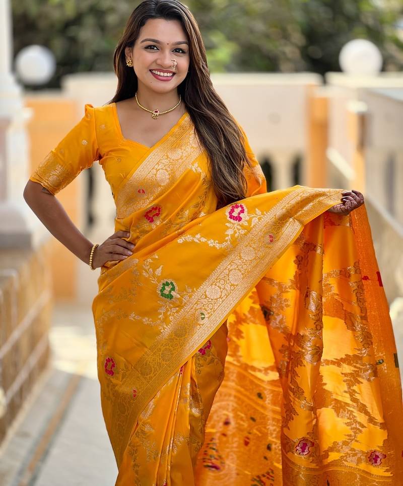Yellow Color  zari weaving Work  silk saree