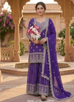 Purple embroidery chinnon silk blend fully stitched sarara palazzo suit set 1