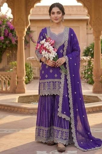 Purple embroidery chinnon silk fully stitched sarara palazzo suit set