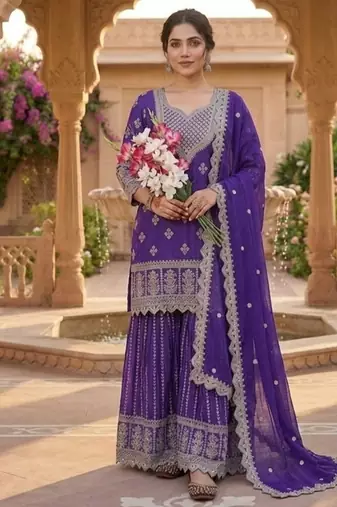 Purple embroidery chinnon silk fully stitched sarara palazzo suit set
