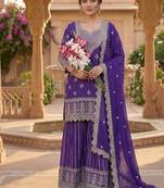 Purple embroidery chinnon silk fully stitched sarara palazzo suit set