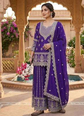 Purple embroidery chinnon silk blend fully stitched sarara palazzo suit set 4