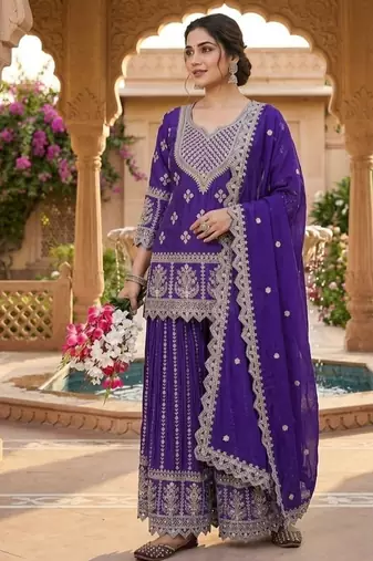 Purple embroidery chinnon silk blend fully stitched sarara palazzo suit set