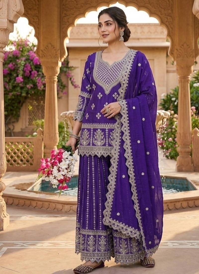 Purple embroidery chinnon silk fully stitched sarara palazzo suit set