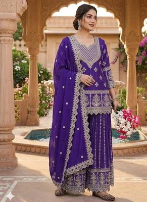 Purple embroidery chinnon silk blend fully stitched sarara palazzo suit set 5