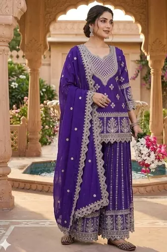 Purple embroidery chinnon silk blend fully stitched sarara palazzo suit set