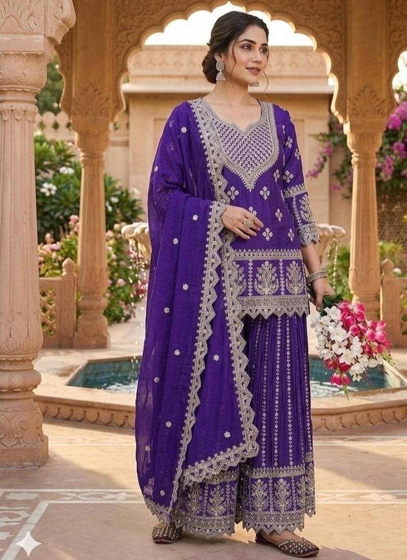 Purple embroidery chinnon silk fully stitched sarara palazzo suit set