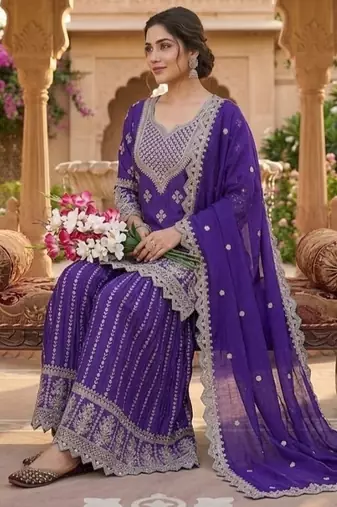 Purple embroidery chinnon silk blend fully stitched sarara palazzo suit set
