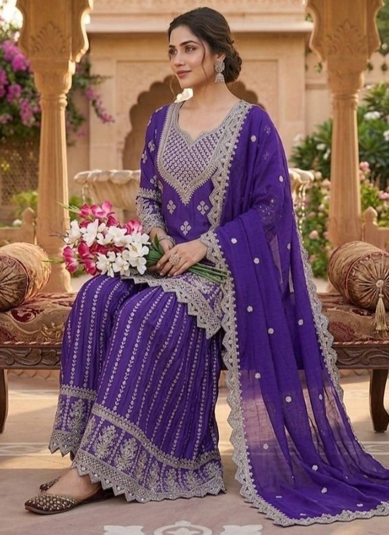 Purple embroidery chinnon silk fully stitched sarara palazzo suit set