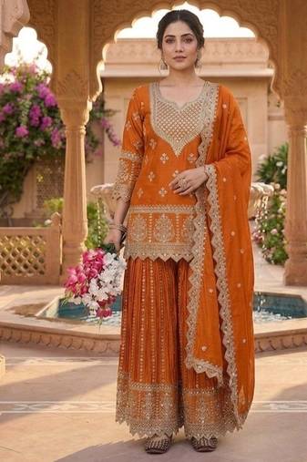 Orange embroidery chinnon silk fully stitched sarara palazzo suit set