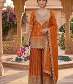 Orange embroidery chinnon silk fully stitched sarara palazzo suit set