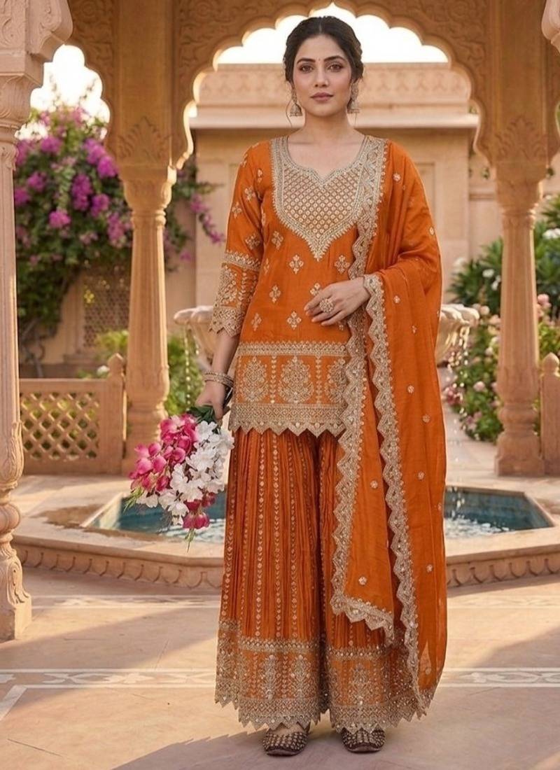 Orange embroidery chinnon silk fully stitched sarara palazzo suit set