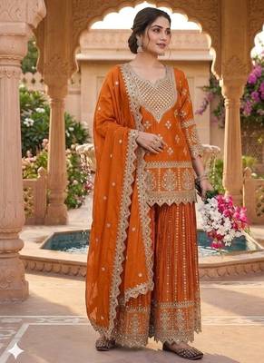 Orange embroidery chinnon silk blend fully stitched sarara palazzo suit set 4