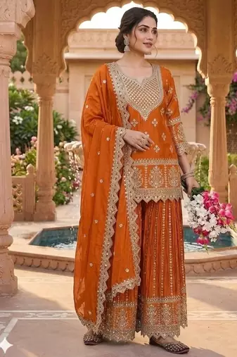 Orange embroidery chinnon silk blend fully stitched sarara palazzo suit set