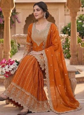 Orange embroidery chinnon silk blend fully stitched sarara palazzo suit set 5