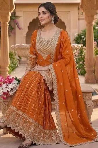 Orange embroidery chinnon silk blend fully stitched sarara palazzo suit set