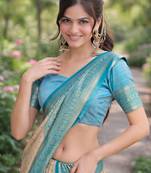 Off white sky kanjivaram silk blend banarasi saree with unstitched blouse piece