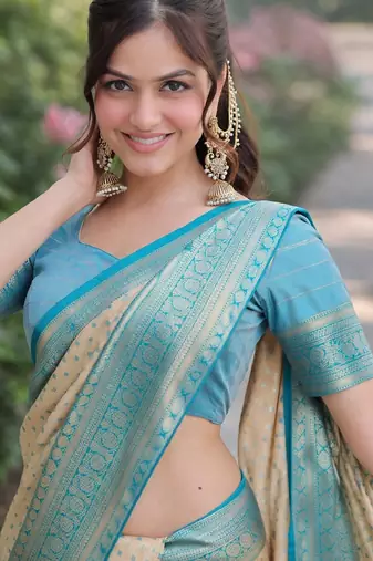 Off white sky kanjivaram silk blend banarasi saree with unstitched blouse piece