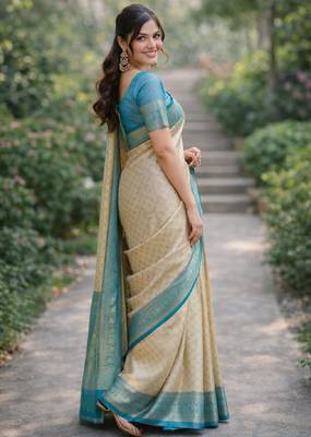 Off white sky kanjivaram silk blend banarasi saree with unstitched blouse piece 4